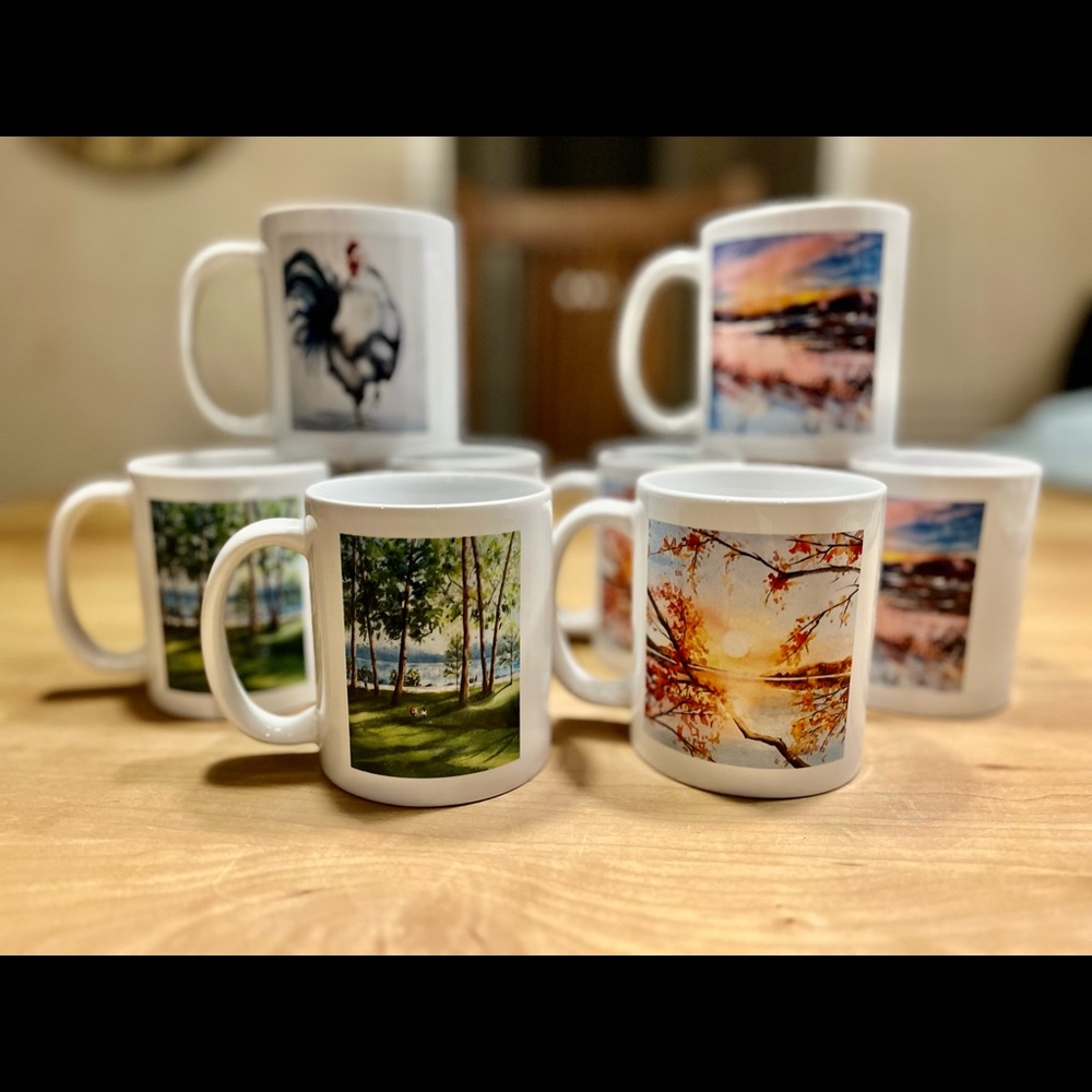 Coffee Mugs featuring my watercolor paintings. Size 11 ounces each.